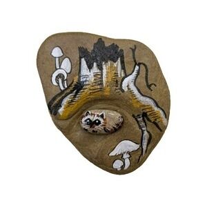 Vtg Odette Acuña Brooch Raccoon Mushroom Tree Handpainted River Stone Pin Signed